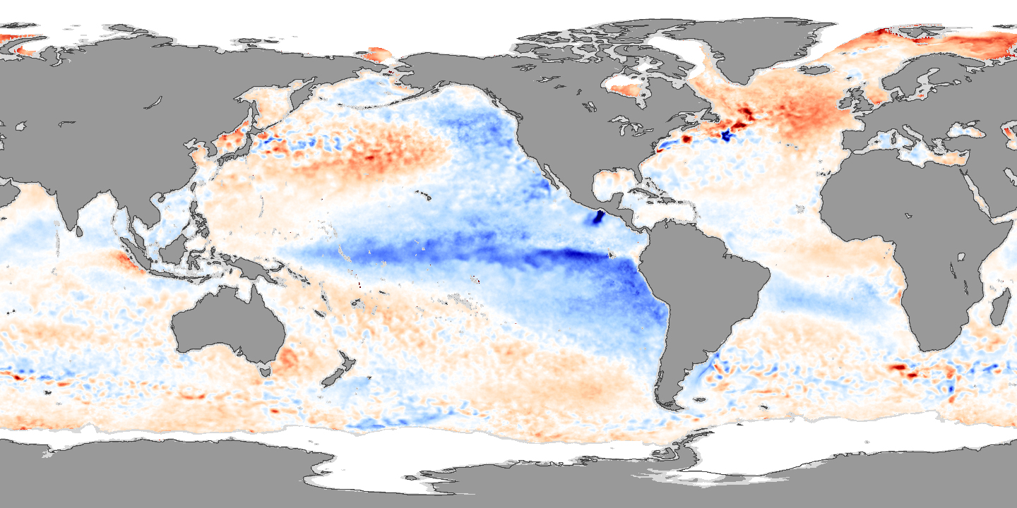 Las anomalías negativas (azul) de temperatura en el Pacífico indican condiciones de La Niña. Noviembre de 2007