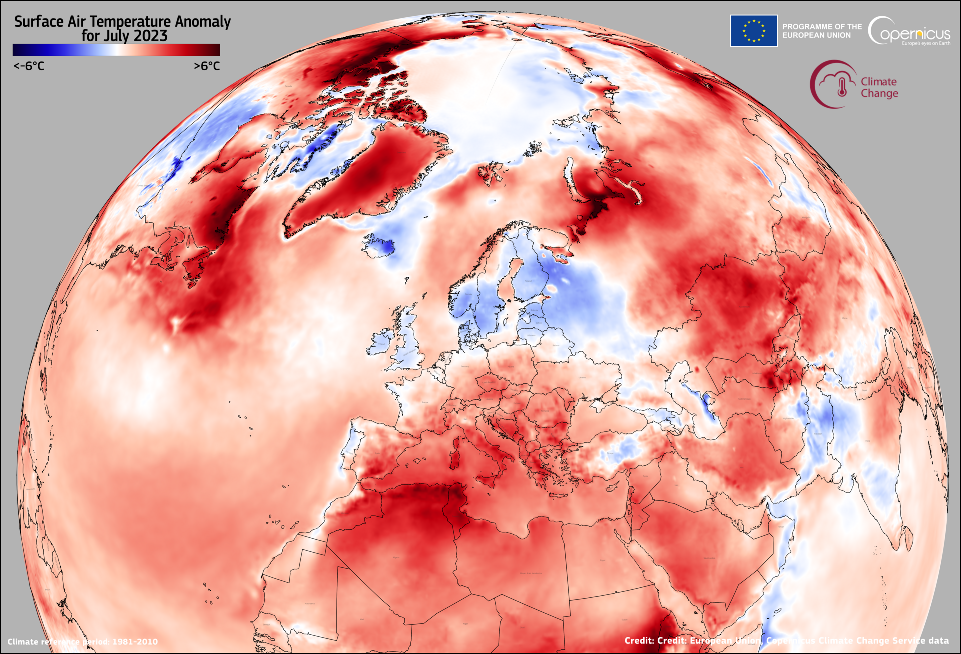 Anomalías registradas en julio de 2023 en Europa. Fuente: Copernicus Sentinel