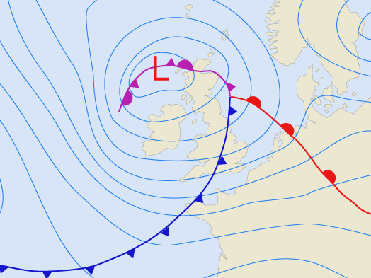 Representación de frentes cálido, frío y ocluido sobre una borrasca en las Islas Británicas. Fuente: Kokjeroen