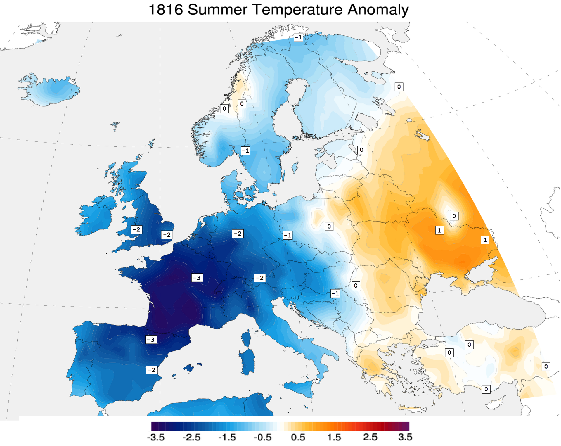 Anomalía de temperaturas en Europa durante el verano de 1816. Fuente: Giorgiogp2