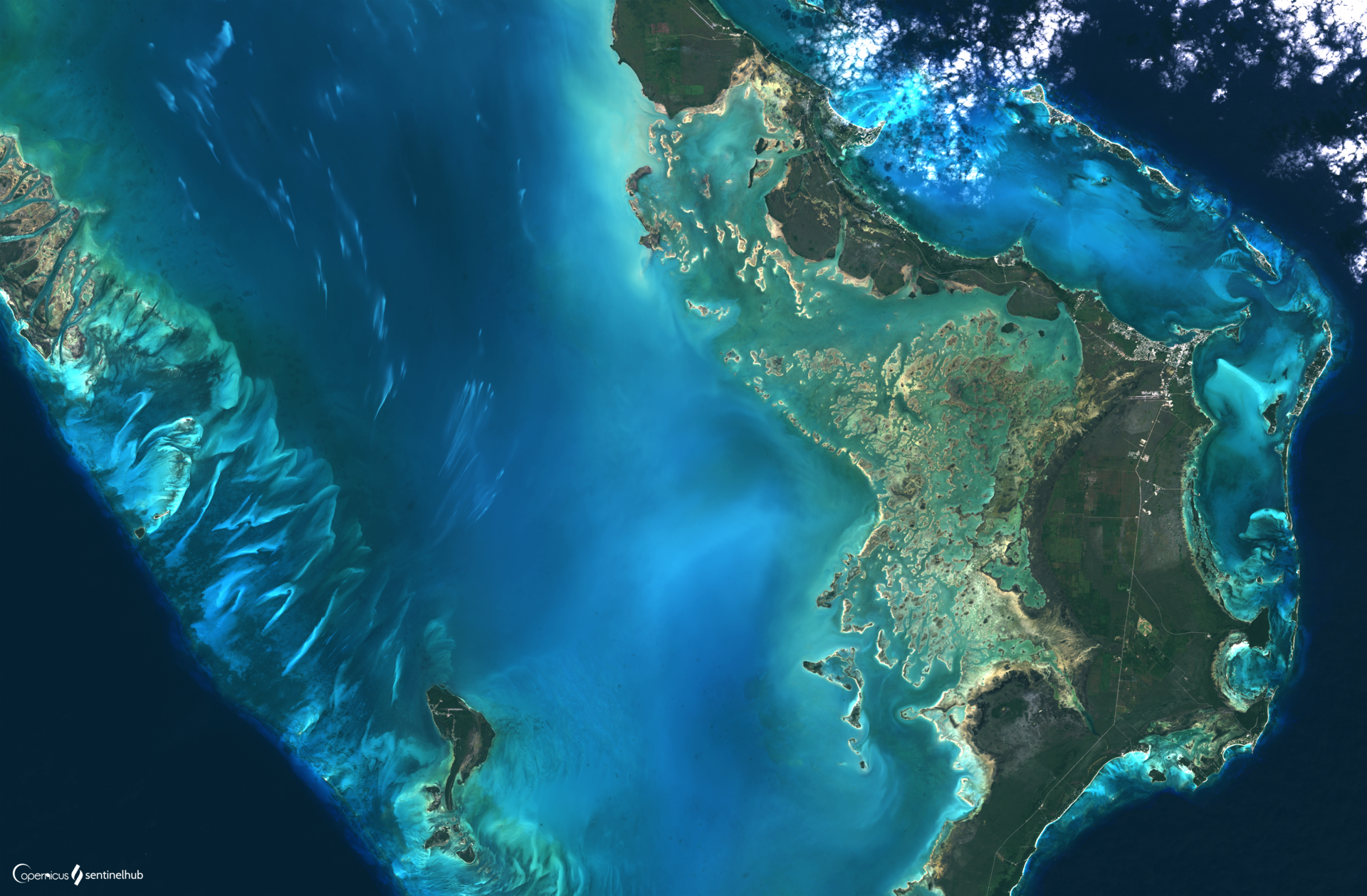 Vista satélite de las Bahamas. Fuente: Sentinel Hub