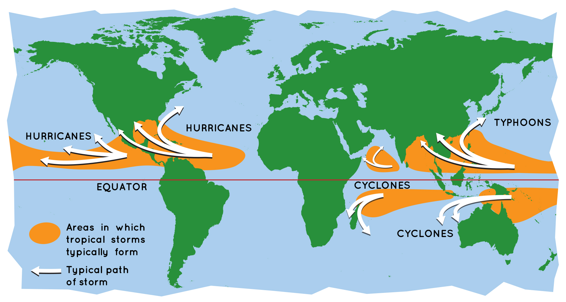 Mapa de los distintos nombres que tienen los ciclones tropicales y su movimiento en la Tierra