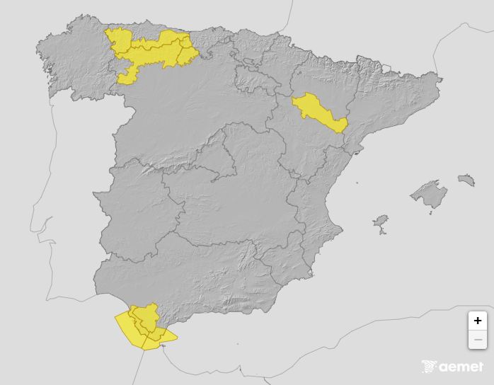 Mapa de AEMET con los avisos por tormentas