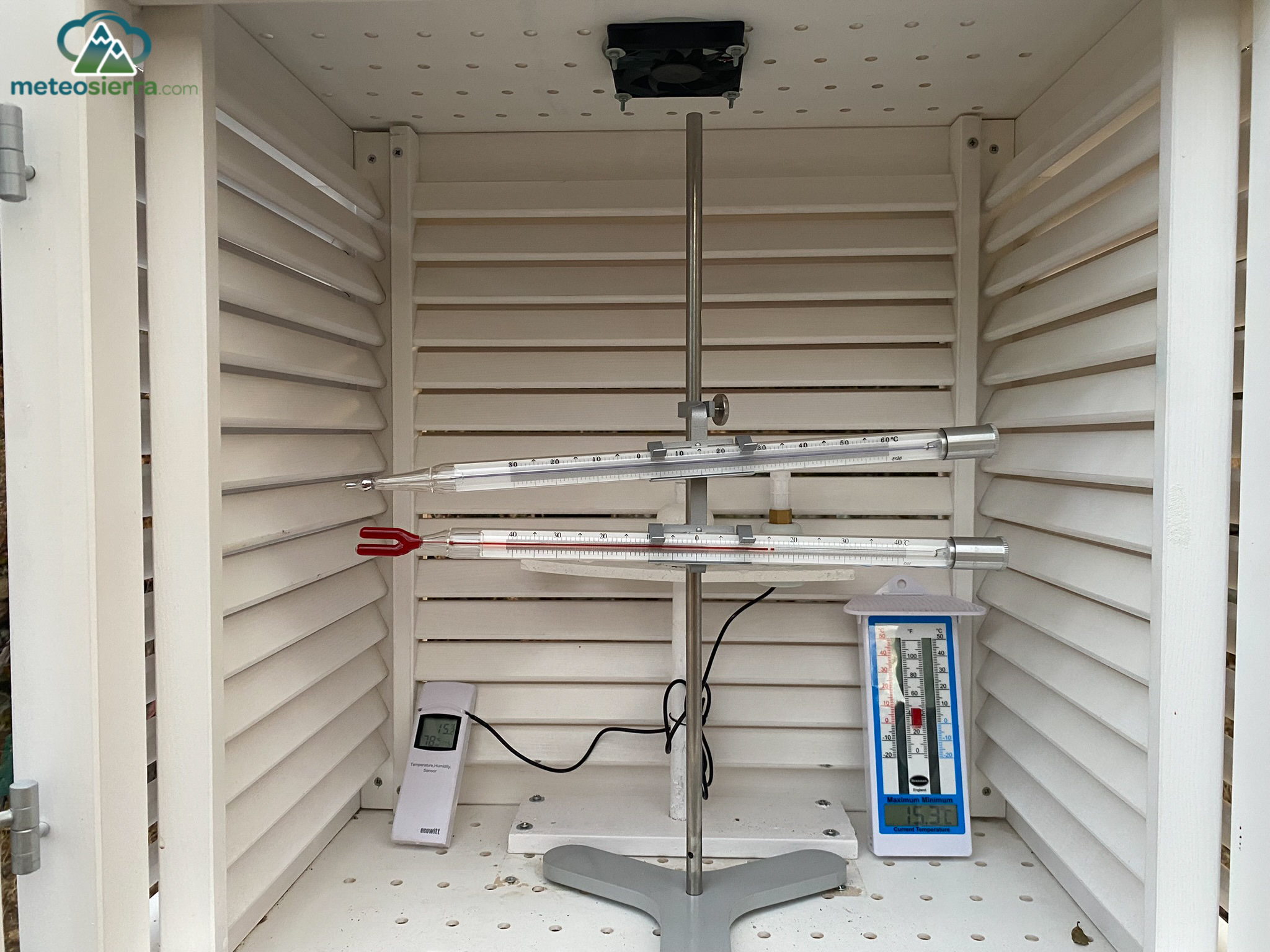 Detalle del interior de la garita Stevenson. Con el termómetro automático SHT35, termómetro tipo Six, y termómetros homologados de máximas y mínimas